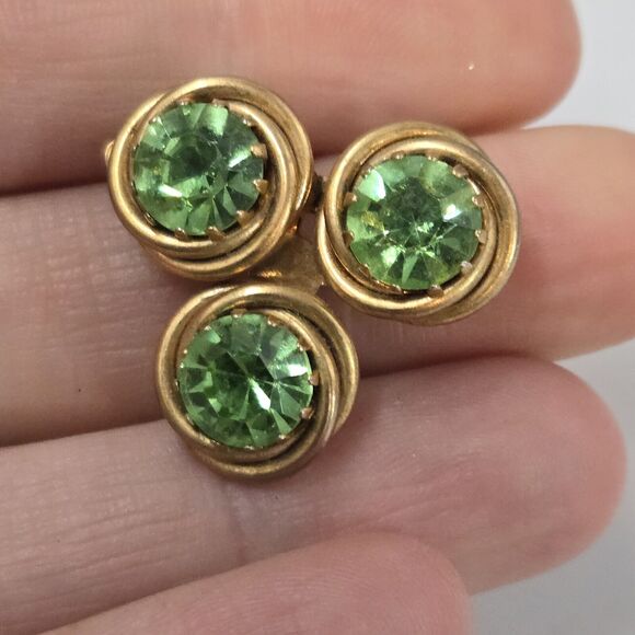 Antique Gold Filled Twist Love Knot Three Greeb Rhinestones C Clasp Brooch Pin - Picture 2 of 5